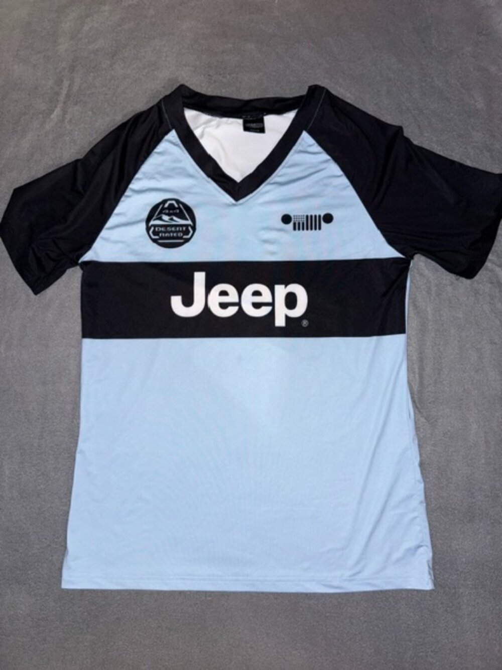 Jeep Jersey XS Short Sleeve Performance Shirt Blue Black Athletic Stretch